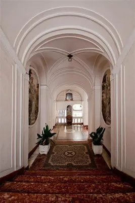a hallway with two potted plants in a building at Palazzo Conte Federico Apartments in Palermo
