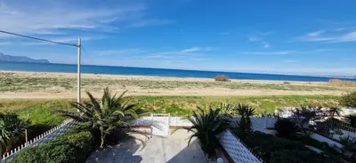 a view of a beach with a fence and palm trees at Arancina Abbronzata in Balestrate