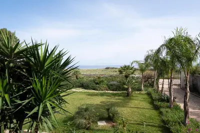 a garden with palm trees and the ocean in the background at Casa Lucido di fronte la Tonnara in San Vito lo Capo