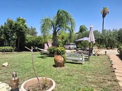 a garden with a bench and an umbrella and a table at The Green Planet in Balestrate
