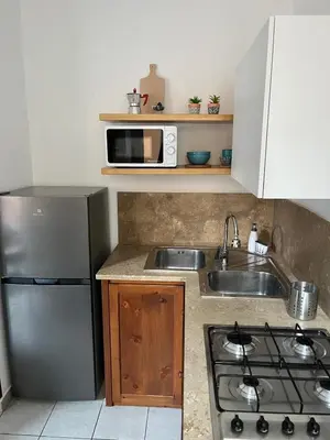a kitchen with a stainless steel refrigerator and a microwave at Appartamento Ciccio al Capo in Palermo