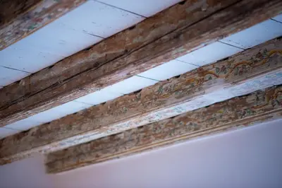 a ceiling with wooden beams with paintings on it at Vela House charming front of sea in Palermo