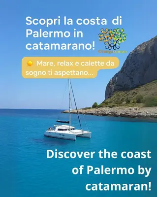 a boat in the water with the words discover the coast of palma by cal at Orange Lemon Business Palermo in Palermo