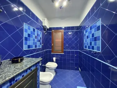 a blue tiled bathroom with a toilet and a sink at Villa Sunset in Campofelice di Roccella