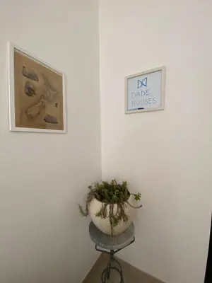 a plant sitting on a stool next to two pictures at DADE Houses in Bagheria