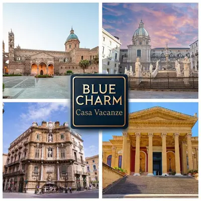a collage of photos of a building with blue chain at Blue Charm Exclusive Apartment in Palermo