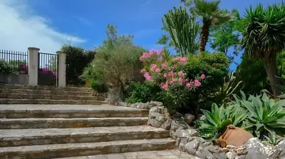 a set of stairs in a garden with pink flowers at Villa Viola e Giulio in Scopello