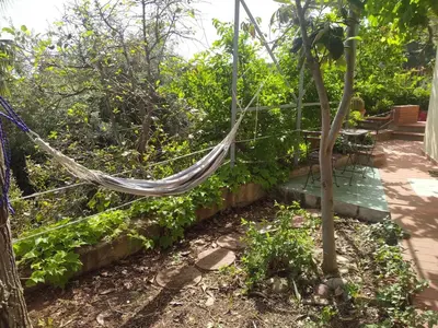 a hammock tied to a fence in a garden at La Pergola sul mare in Mandra Capreria