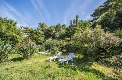 two chairs sitting in the grass in a garden at Casa Conigli con piscina condivisa in Terrasini