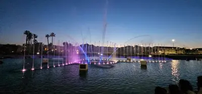 a fountain in the middle of the water at night at Manuè's House in Palermo