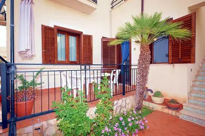 a balcony with a palm tree and some plants at il limone appartamenti 2 in San Vito lo Capo