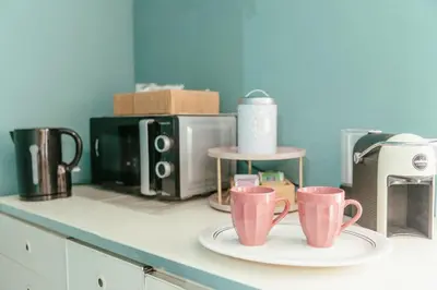 two pink coffee cups on a counter with a microwave at Nuccia's home vacanze in natura in Ficarazzi