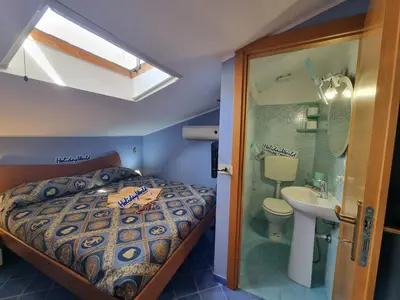 a bedroom with a bed and a shower and a sink at Respiro di Mare by Holiday World in Buonfornello