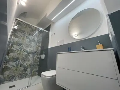 a bathroom with a shower and a toilet and a mirror at Anfrasipe apartment in Terrasini