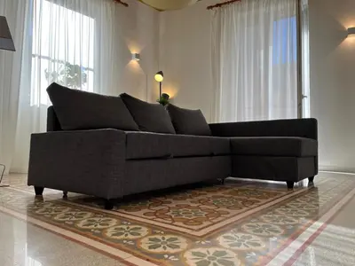 a black couch in a living room with a rug at Casa ducrot in Palermo