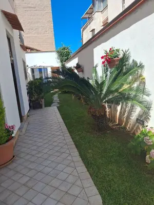 a walkway next to a building with palm trees and plants at Mondello House29 in Palermo