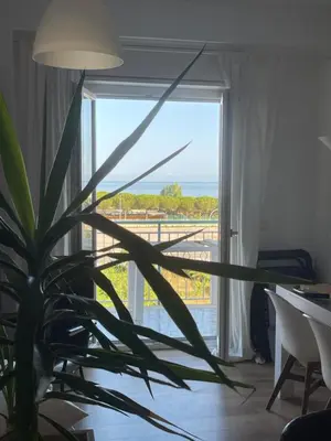 a plant in front of a window with a view at la vue sur la mer in Capaci