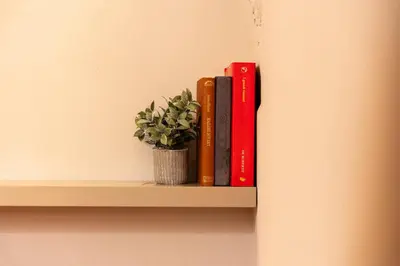 a shelf with books and a potted plant on it at Chiave di Volta luxury suite e rooms in Palermo