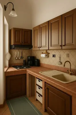 a kitchen with wooden cabinets and a sink at SetteDì Apartment in Palermo