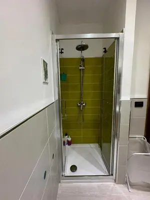 a bathroom with a shower with a green wall at La finestra sugli archi in Palermo