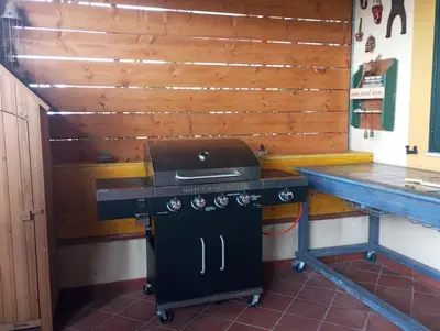 a stove in a kitchen with a wooden wall at Mami house in Sambuca di Sicilia