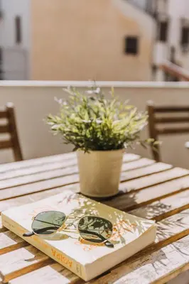 a book sitting on a table with a potted plant at Real Umberto Apartments by Wonderful Italy in Palermo