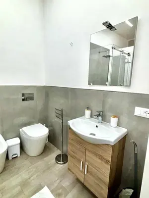 a bathroom with a sink and a toilet and a mirror at Santerasmo Rooms standard in Palermo