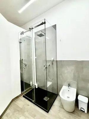a bathroom with a glass shower and a toilet at Santerasmo Rooms standard in Palermo
