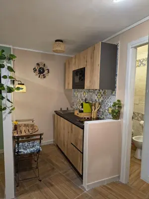 a kitchen with wooden cabinets and a sink at Casuzza Nica e Bedda-Centro storico in Palermo