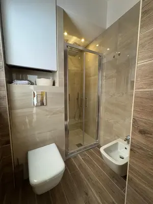 a bathroom with a toilet and a shower and a sink at Domus Vucciria in Palermo