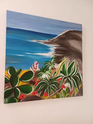 a painting of a beach with palm trees and the ocean at Studio 23 in Partinico