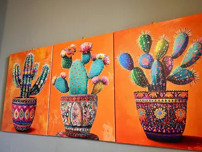 a painting of four cactuses in vases at House Wonderfull Palermo in Palermo