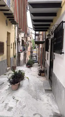 an empty alley with potted plants in a building at Scialari - Palermo Holiday Home in Palermo