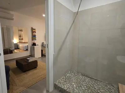 a bathroom with a walk in shower next to a room at Domus Minerva in Palermo