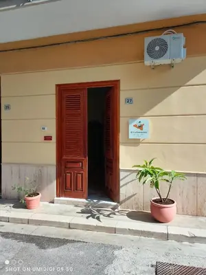 a building with a wooden door and two potted plants at Il Gelsomino in Bagheria