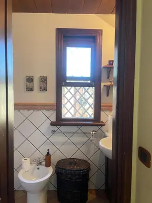 a bathroom with a sink and a toilet and a window at La casetta dei limoni in Santa Flavia