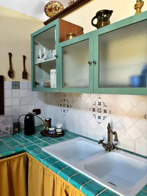 a kitchen with a sink and a green cabinet at La casetta dei limoni in Santa Flavia
