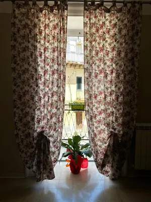 a plant sitting in front of a window with curtains at A casa di Giovi in Monreale