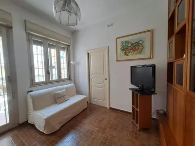 a living room with a white couch and a tv at Emily's Place in Palermo