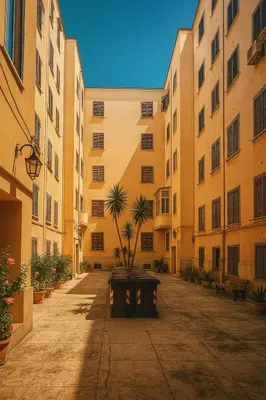 a courtyard with a palm tree in a building at Mongitore 15 in Palermo