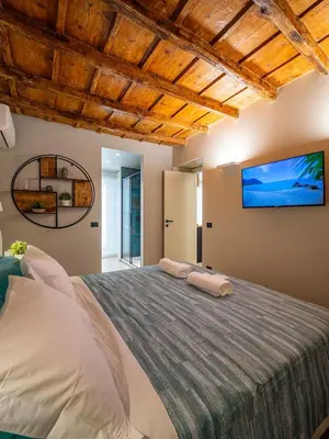 a bedroom with a large bed and a flat screen tv at Meschita Sette in Palermo
