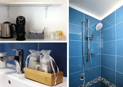 a bathroom with a shower with blue tiles at Cupola Verde Rooms in Palermo