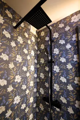a shower in a room with floral wallpaper at Cupola Verde Rooms in Palermo