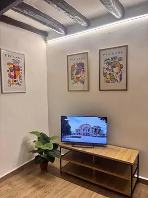 a living room with a flat screen tv on a table at Dimora Albanese in Palermo