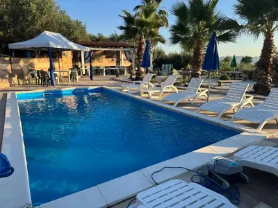 a swimming pool with lounge chairs and palm trees at Villa Liliana in San Giuseppe Jato