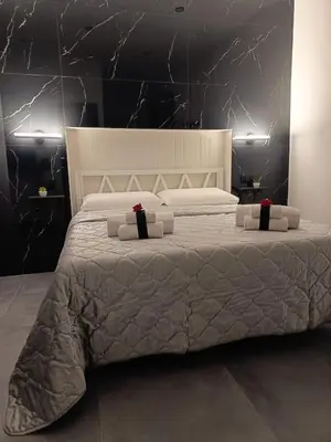 a bedroom with a large bed with black and white sheets at La Suite del Viaggiatore in Palermo