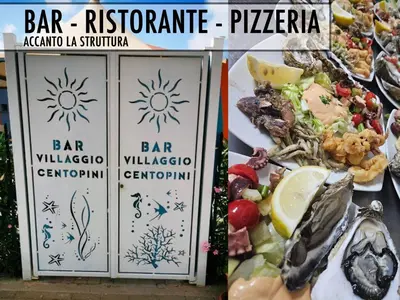 two pictures of a restaurant sign and a plate of seafood at Pine Beach House - Villaggio Turistico con Piscina e Animazione in Campofelice di Roccella