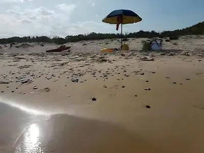 a beach with an umbrella on the sand at Visitsicilia Sabbia Dorata in Alcamo Marina