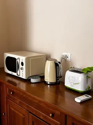 a microwave and a toaster on a wooden counter at Casa Rubino al Massimo in Palermo