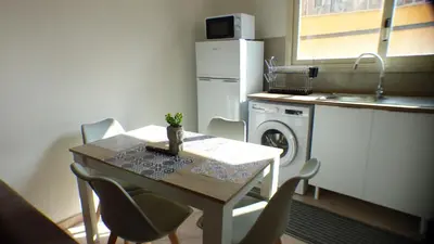 a kitchen with a table with chairs and a refrigerator at Apollo Apartment in Palermo